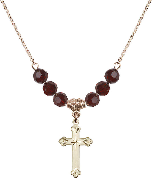 14kt Gold Filled Cross Birthstone Necklace with Garnet Beads - 0667