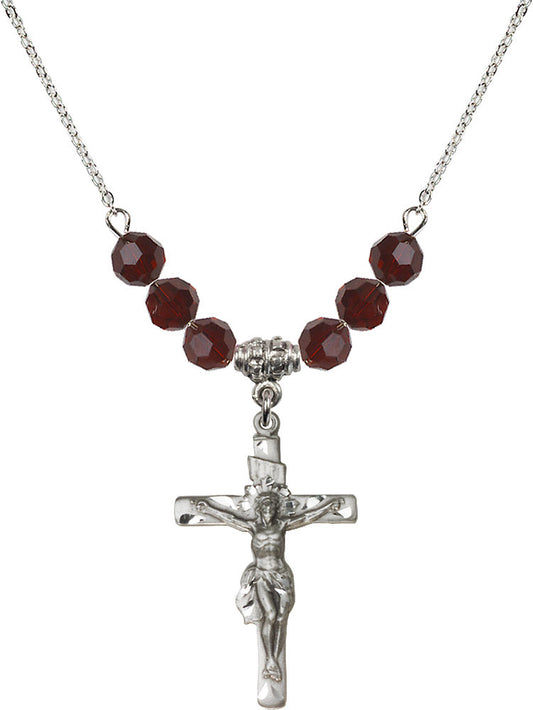 Sterling Silver Crucifix Birthstone Necklace with Garnet Beads - 0668