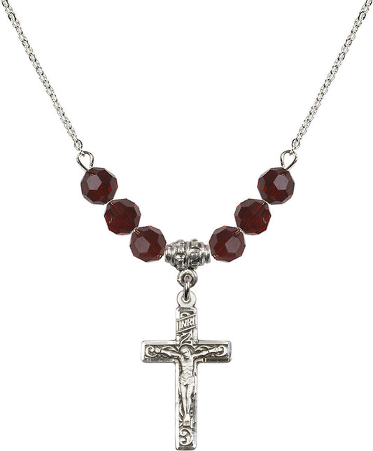 Sterling Silver Crucifix Birthstone Necklace with Garnet Beads - 0673