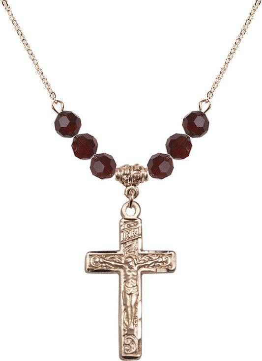 14kt Gold Filled Crucifix Birthstone Necklace with Garnet Beads - 0674