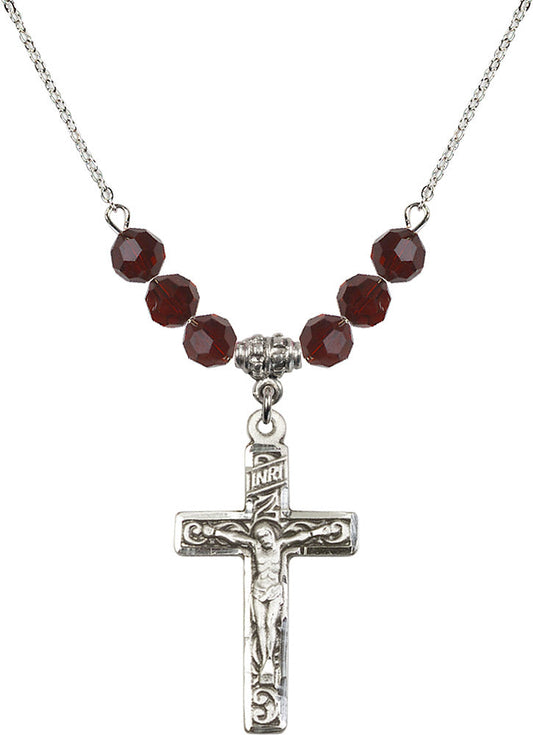 Sterling Silver Crucifix Birthstone Necklace with Garnet Beads - 0674