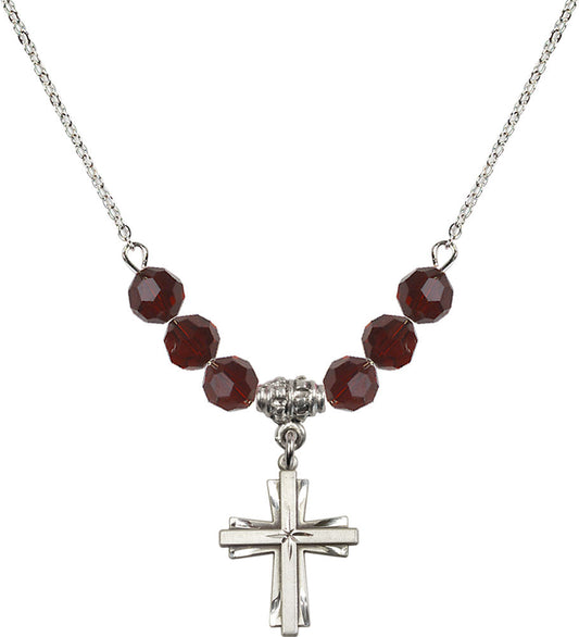 Sterling Silver Cross Birthstone Necklace with Garnet Beads - 0675