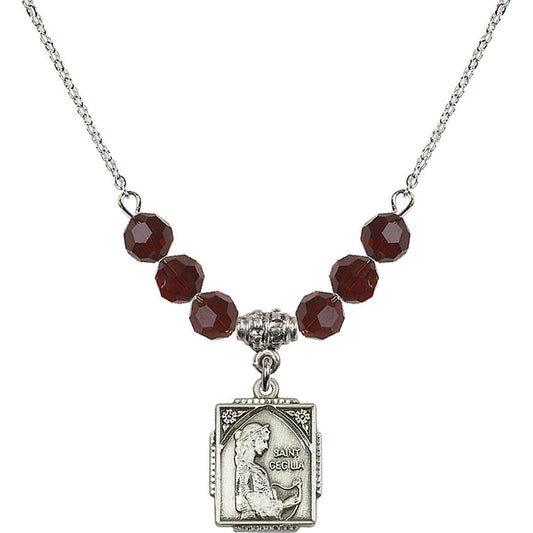 Sterling Silver Saint Cecilia Birthstone Necklace with Garnet Beads - 0804
