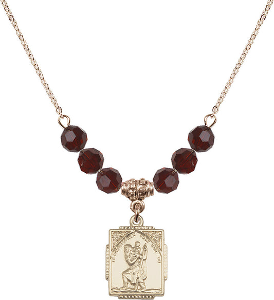 14kt Gold Filled Saint Christopher Birthstone Necklace with Garnet Beads - 0804