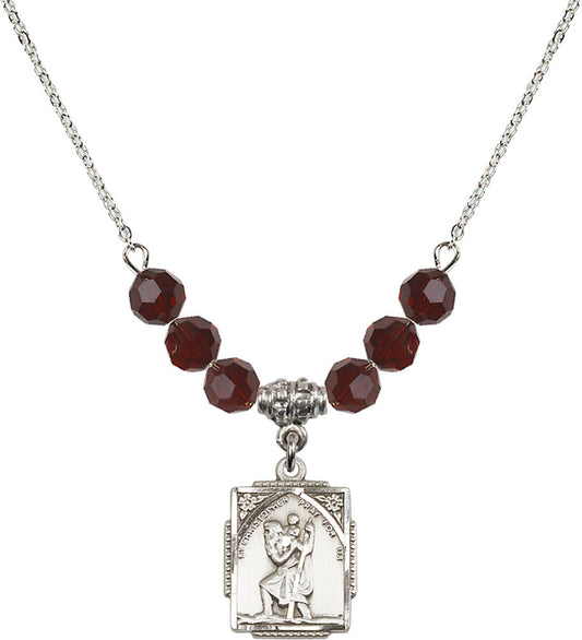 Sterling Silver Saint Christopher Birthstone Necklace with Garnet Beads - 0804