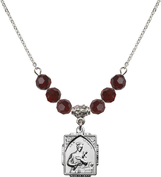Sterling Silver Saint Gerard Birthstone Necklace with Garnet Beads - 0804