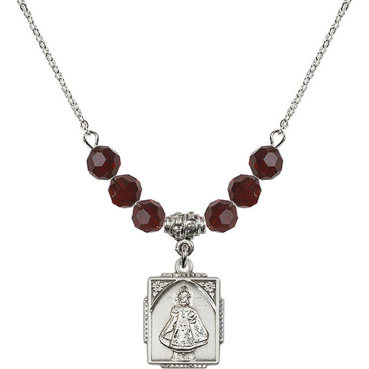 Sterling Silver Infant of Prague Birthstone Necklace with Garnet Beads - 0804