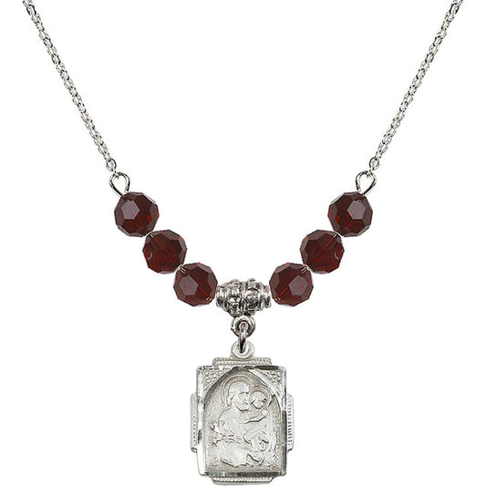 Sterling Silver Saint Joseph Birthstone Necklace with Garnet Beads - 0804