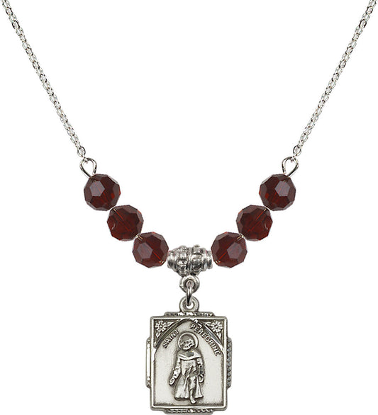 Sterling Silver Saint Peregrine Birthstone Necklace with Garnet Beads - 0804