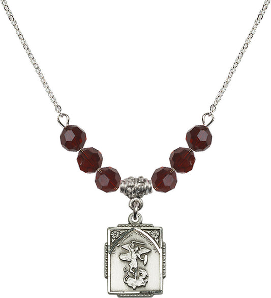 Sterling Silver Saint Michael the Archangel Birthstone Necklace with Garnet Beads - 0804