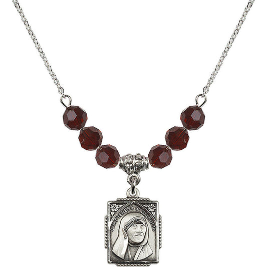 Sterling Silver Saint Teresa of Calcutta Birthstone Necklace with Garnet Beads - 0804
