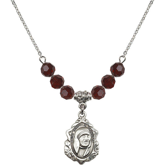 Sterling Silver Saint Teresa of Calcutta Birthstone Necklace with Garnet Beads - 0812