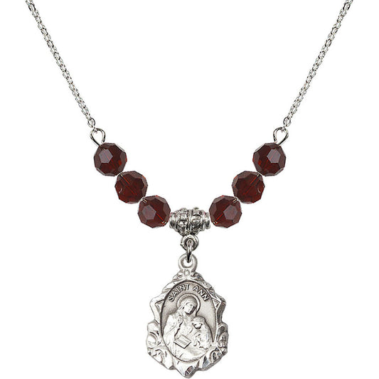 Sterling Silver Saint Ann Birthstone Necklace with Garnet Beads - 0822