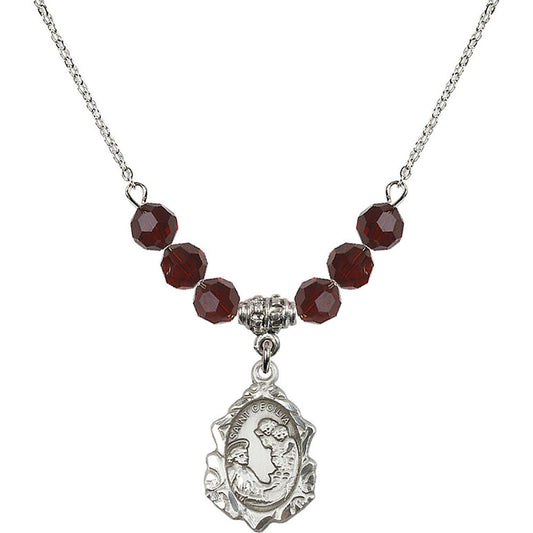 Sterling Silver Saint Cecilia Birthstone Necklace with Garnet Beads - 0822