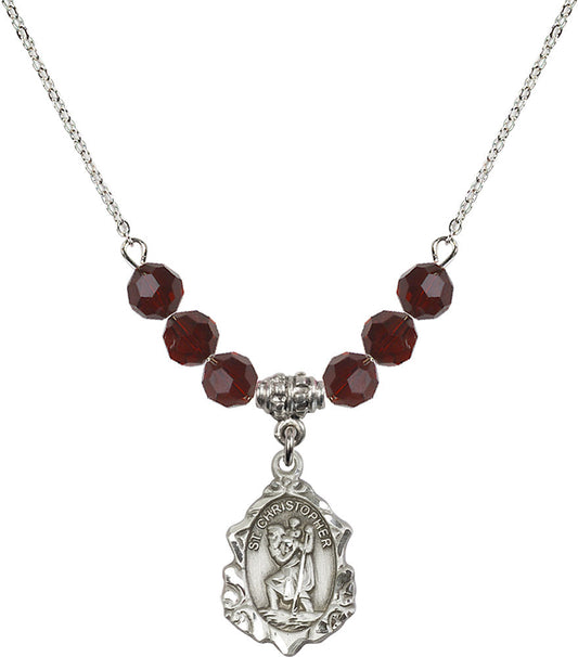 Sterling Silver Saint Christopher Birthstone Necklace with Garnet Beads - 0822