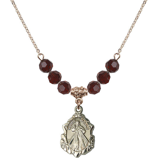 14kt Gold Filled Divine Mercy Birthstone Necklace with Garnet Beads - 0822