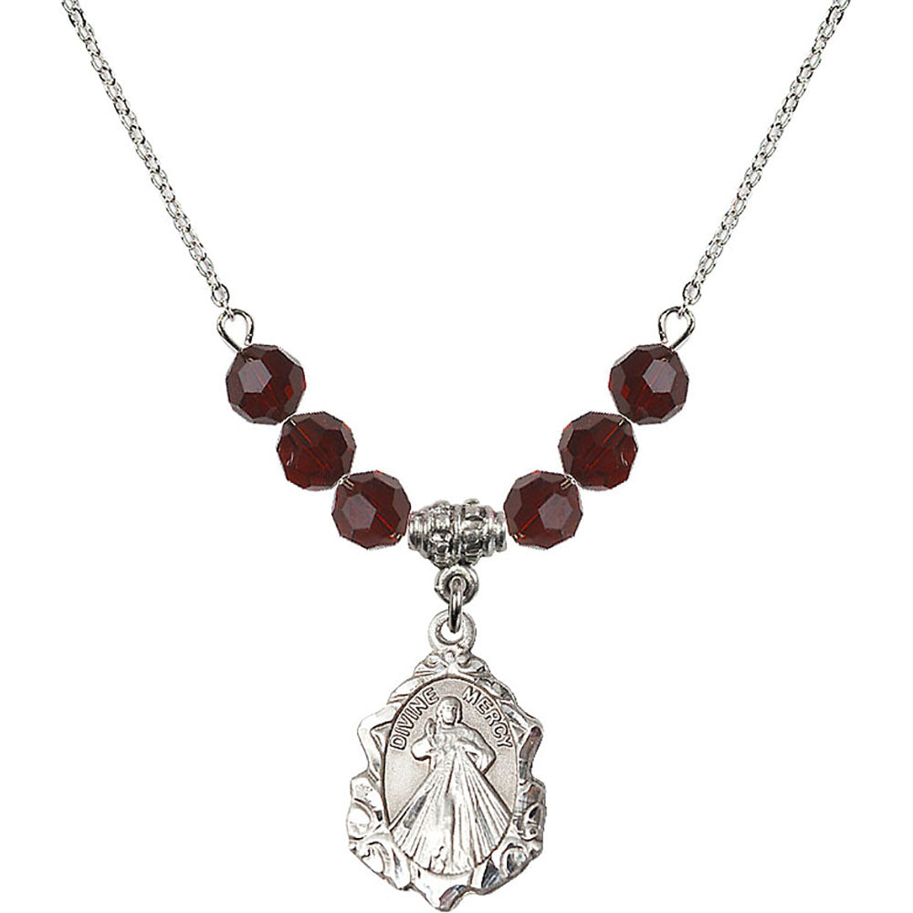 Sterling Silver Divine Mercy Birthstone Necklace with Garnet Beads - 0822