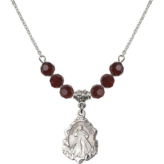 Sterling Silver Divine Mercy Birthstone Necklace with Garnet Beads - 0822