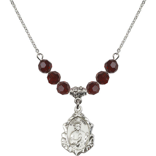 Sterling Silver Saint Jude Birthstone Necklace with Garnet Beads - 0822