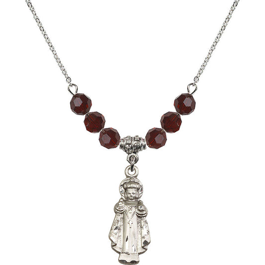 Sterling Silver Infant of Prague Birthstone Necklace with Garnet Beads - 0824