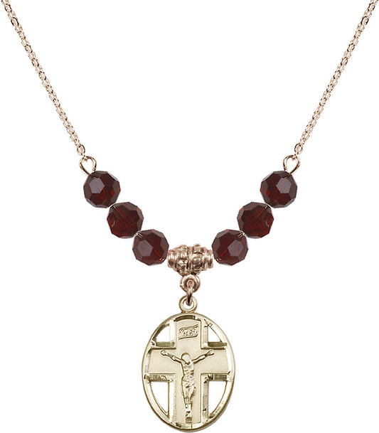 14kt Gold Filled Crucifix Birthstone Necklace with Garnet Beads - 0878