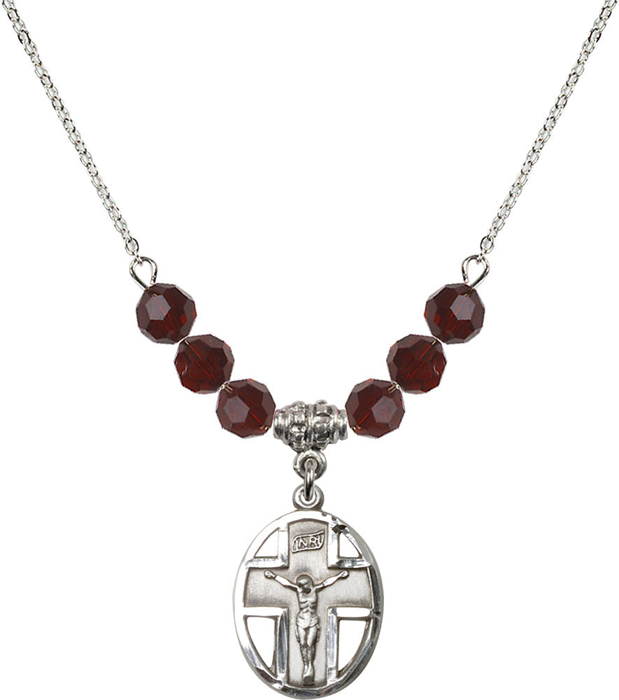 Sterling Silver Crucifix Birthstone Necklace with Garnet Beads - 0878