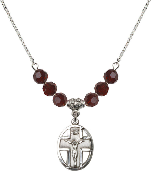 Sterling Silver Crucifix Birthstone Necklace with Garnet Beads - 0878