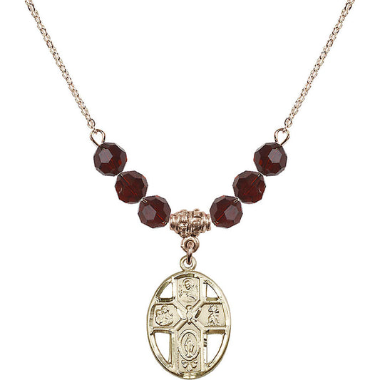 14kt Gold Filled 5-Way / Holy Spirit Birthstone Necklace with Garnet Beads - 0880