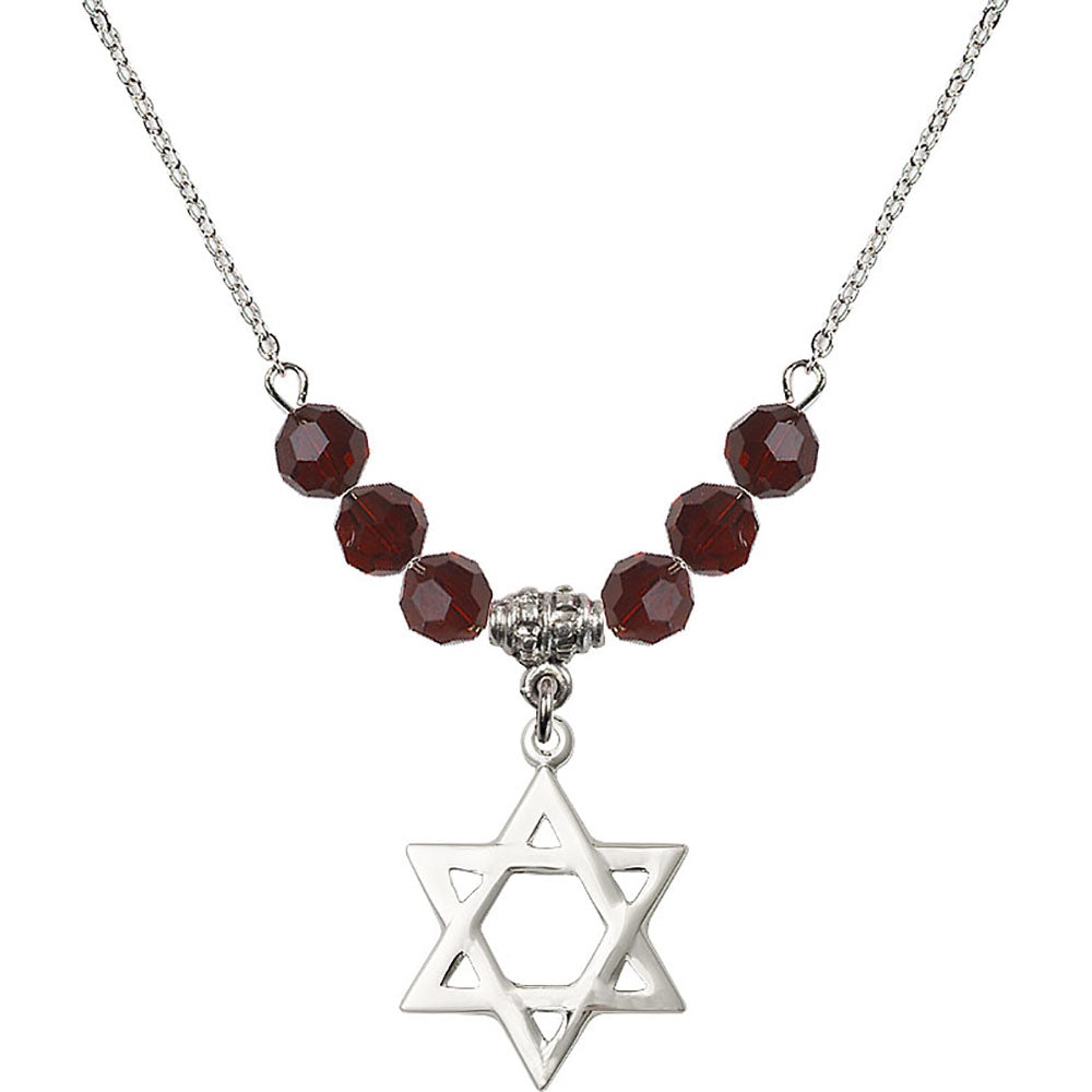 Sterling Silver Star of David Birthstone Necklace with Garnet Beads - 1210