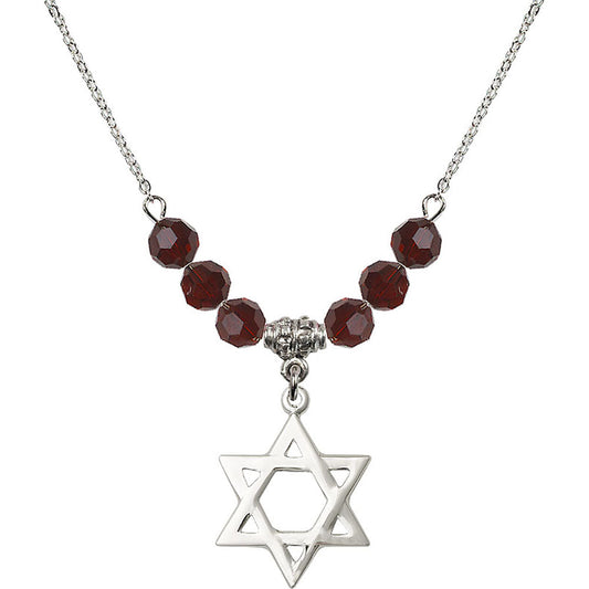 Sterling Silver Star of David Birthstone Necklace with Garnet Beads - 1210
