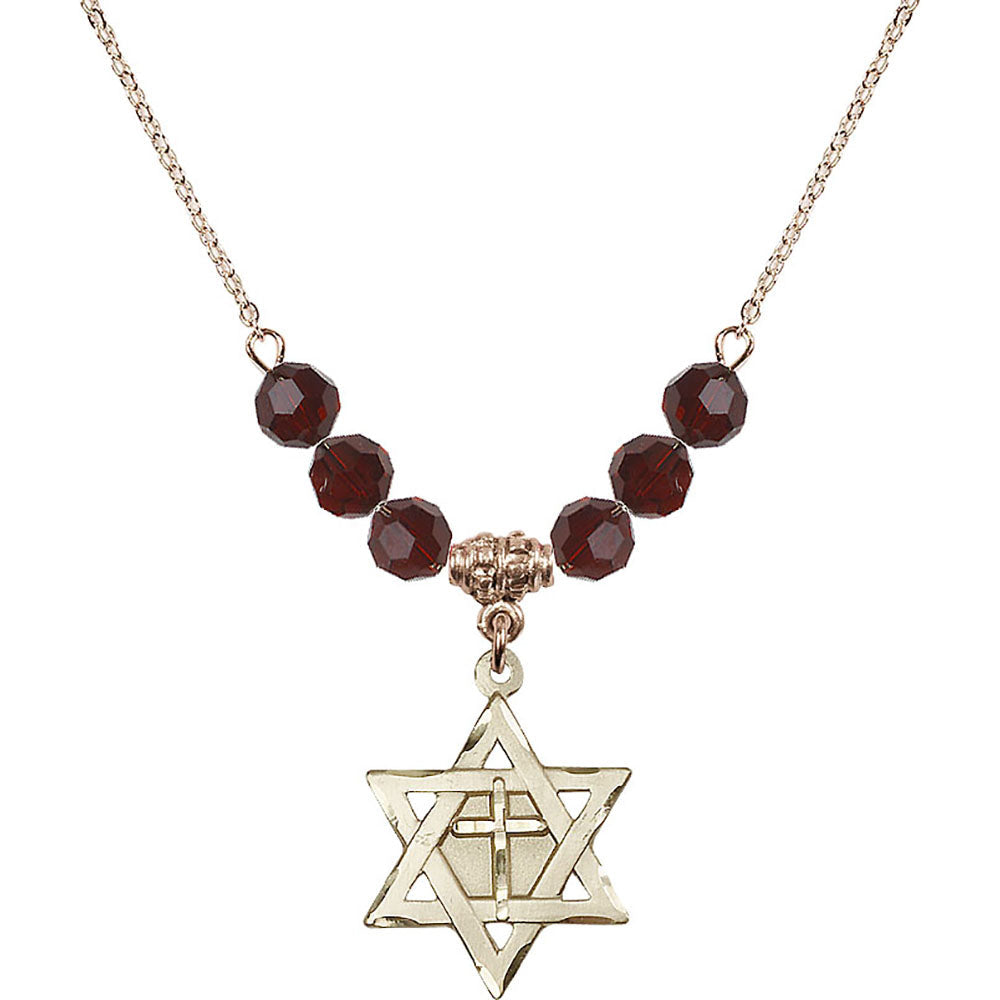 14kt Gold Filled Star of David w/ Cross Birthstone Necklace with Garnet Beads - 1210