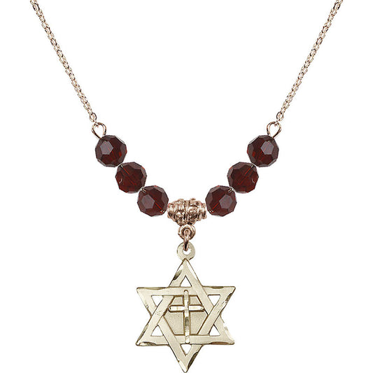 14kt Gold Filled Star of David w/ Cross Birthstone Necklace with Garnet Beads - 1210