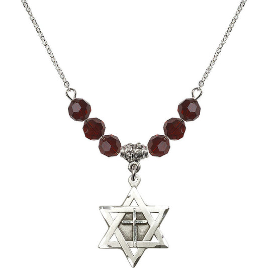 Sterling Silver Star of David w/ Cross Birthstone Necklace with Garnet Beads - 1210