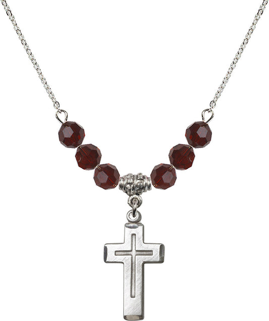Sterling Silver Cross Birthstone Necklace with Garnet Beads - 1529
