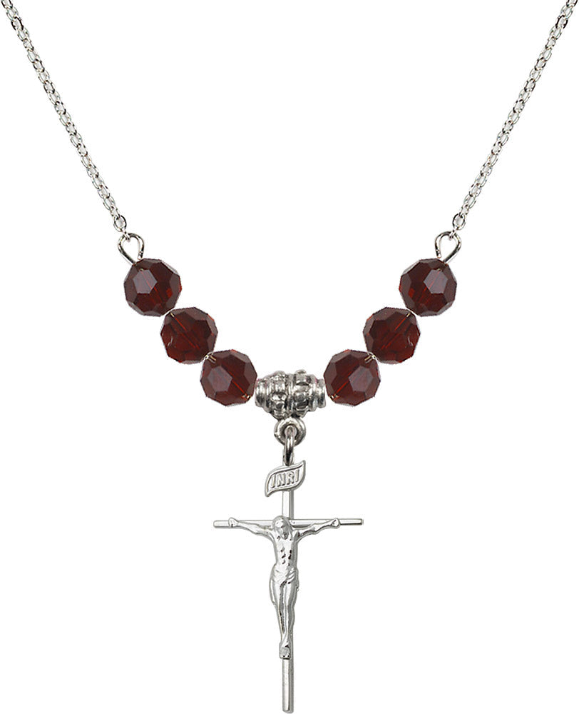 Sterling Silver Crucifix Birthstone Necklace with Garnet Beads - 1535