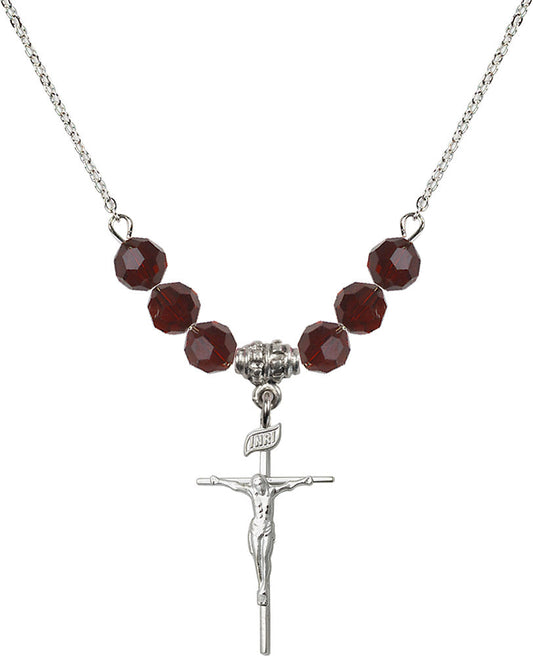Sterling Silver Crucifix Birthstone Necklace with Garnet Beads - 1535