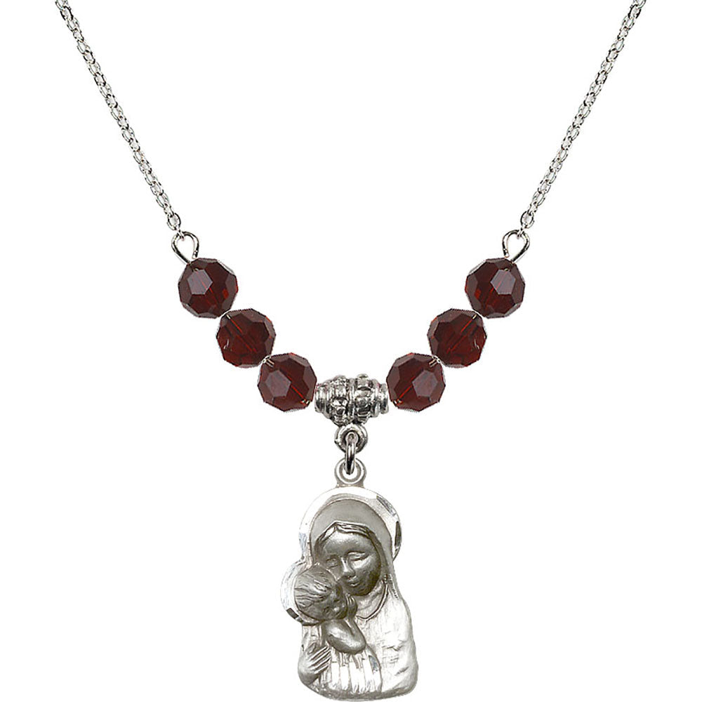 Sterling Silver Madonna & Child Birthstone Necklace with Garnet Beads - 1612