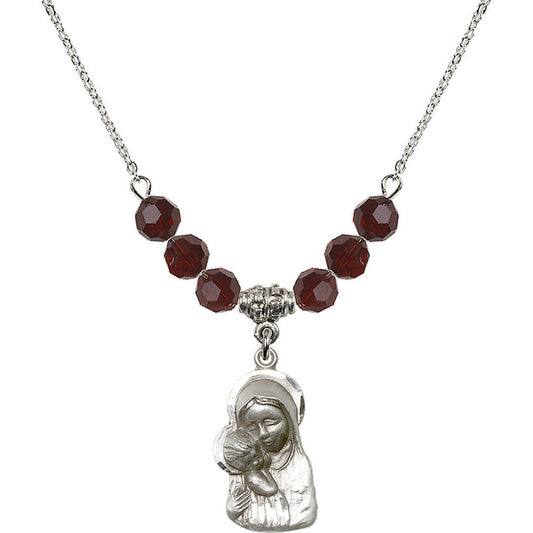 Sterling Silver Madonna & Child Birthstone Necklace with Garnet Beads - 1612