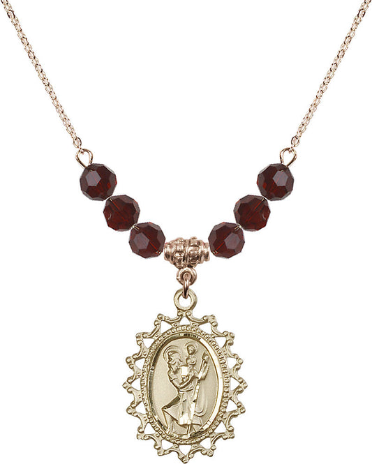 14kt Gold Filled Saint Christopher Birthstone Necklace with Garnet Beads - 1619