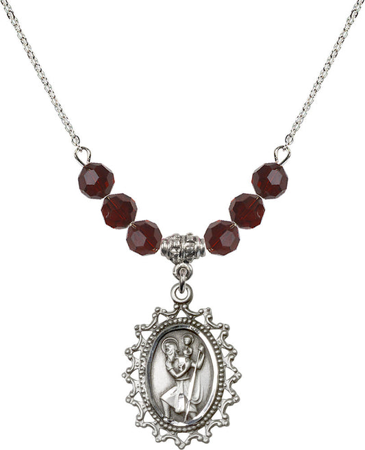 Sterling Silver Saint Christopher Birthstone Necklace with Garnet Beads - 1619