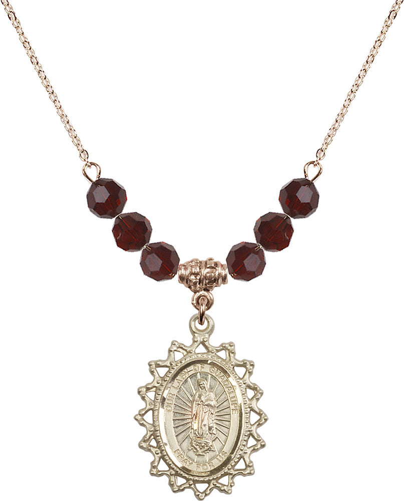 14kt Gold Filled Our Lady of Guadalupe Birthstone Necklace with Garnet Beads - 1619
