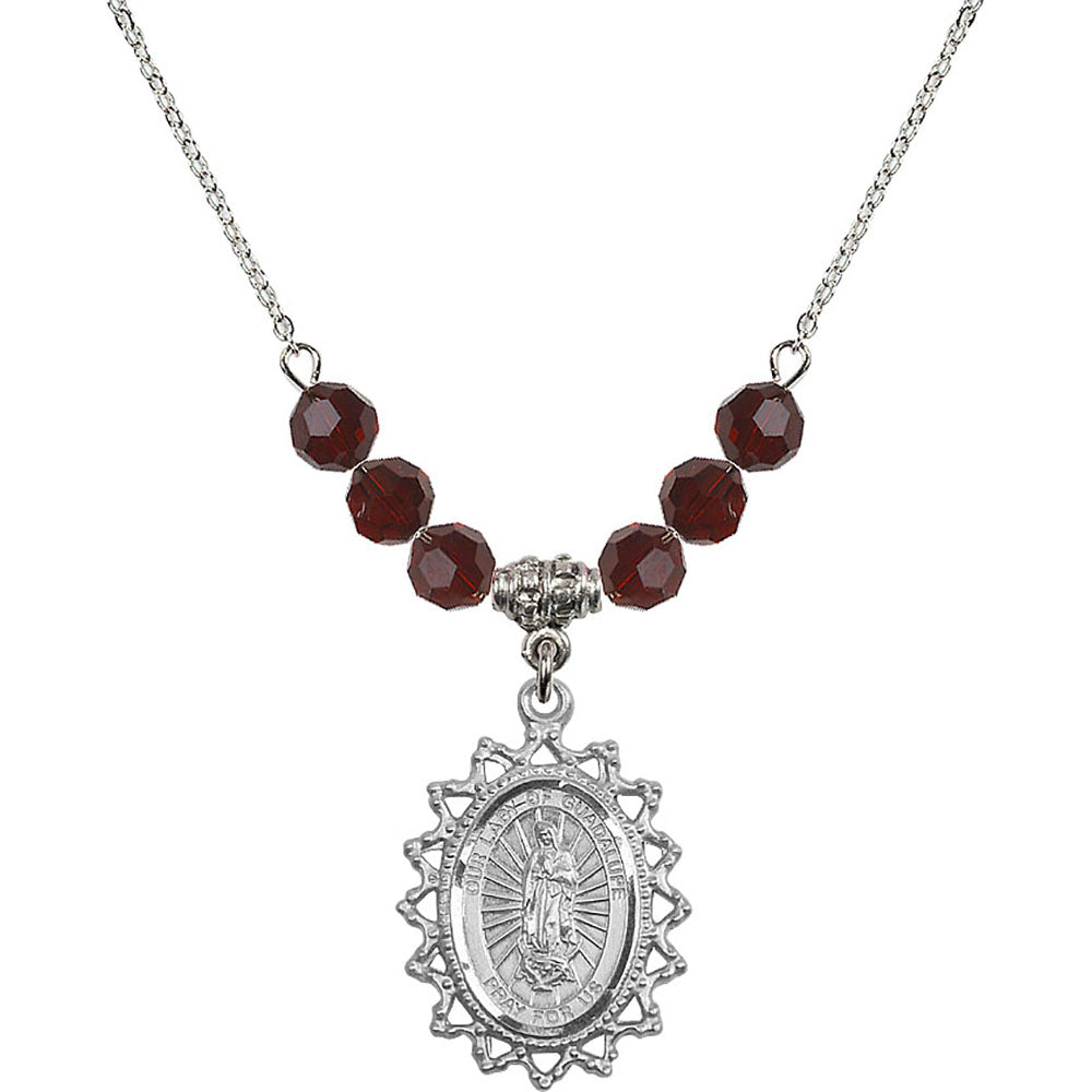 Sterling Silver Our Lady of Guadalupe Birthstone Necklace with Garnet Beads - 1619
