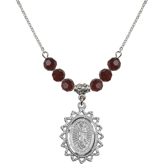 Sterling Silver Our Lady of Guadalupe Birthstone Necklace with Garnet Beads - 1619