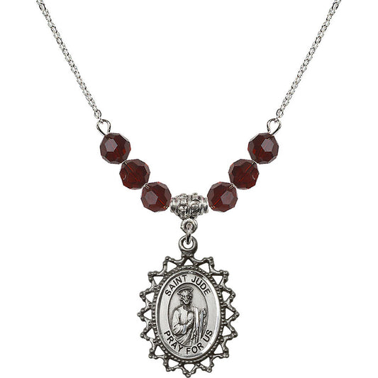 Sterling Silver Saint Jude Birthstone Necklace with Garnet Beads - 1619