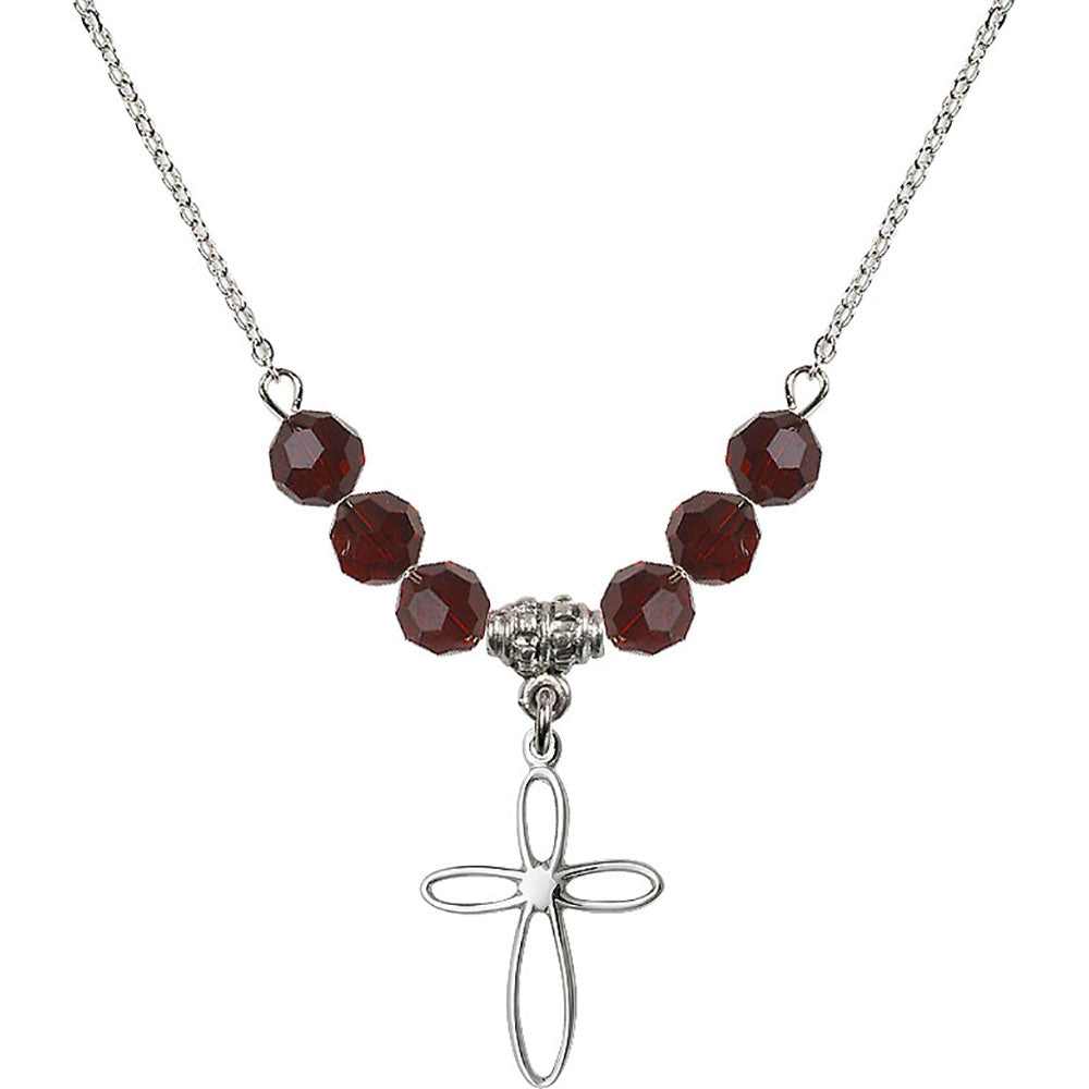 Sterling Silver Loop Cross Birthstone Necklace with Garnet Beads - 1707