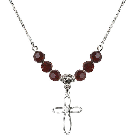 Sterling Silver Loop Cross Birthstone Necklace with Garnet Beads - 1707