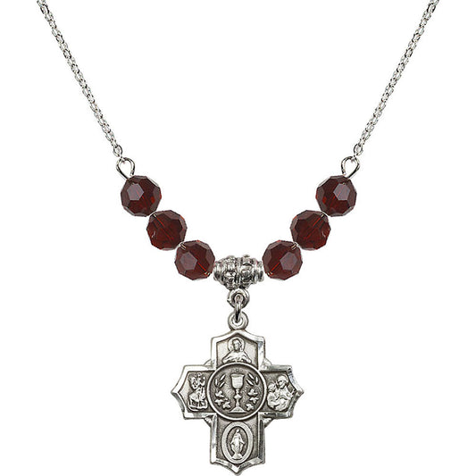 Sterling Silver Communion/5-Way Birthstone Necklace with Garnet Beads - 2004