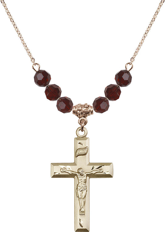 14kt Gold Filled Crucifix Birthstone Necklace with Garnet Beads - 2186