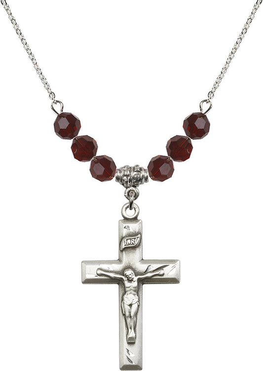 Sterling Silver Crucifix Birthstone Necklace with Garnet Beads - 2186