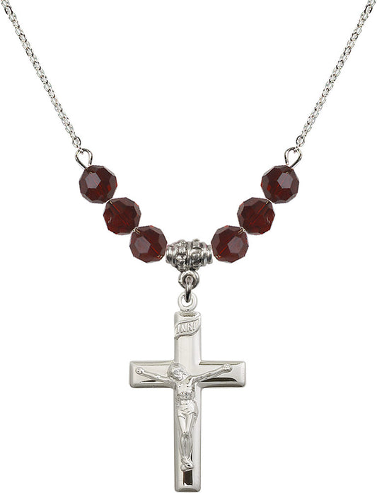 Sterling Silver Crucifix Birthstone Necklace with Garnet Beads - 2191